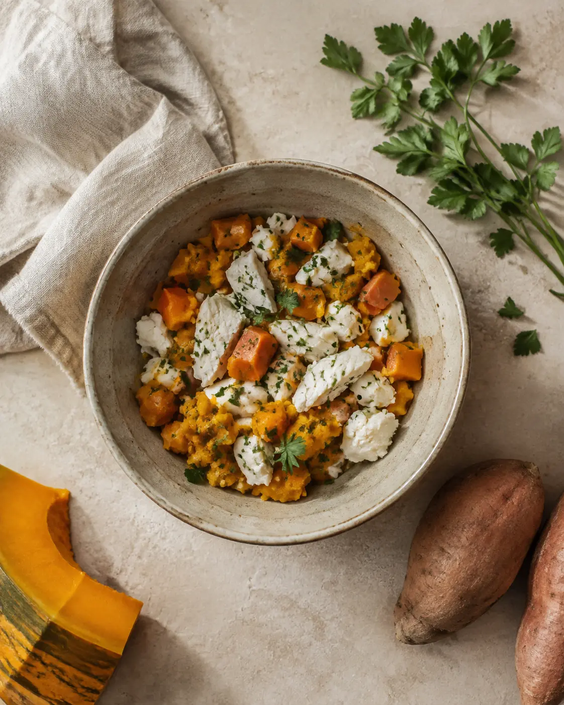 A bowl of fish, pumpkin and sweet potato